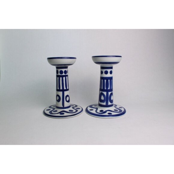 Vintage Dansk Blue & White Porcelain Candlestick Holders | Arabesque - Picture 1 of 10